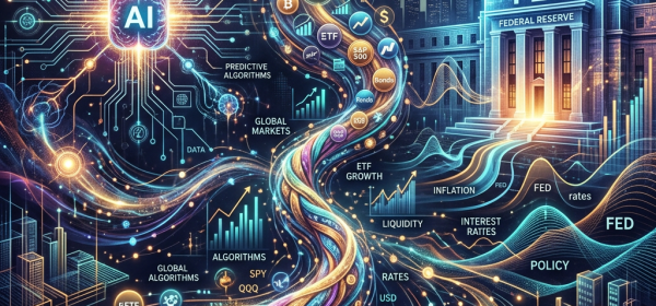 Visualization of AI algorithms influencing ETFs and Federal Reserve policies affecting financial markets