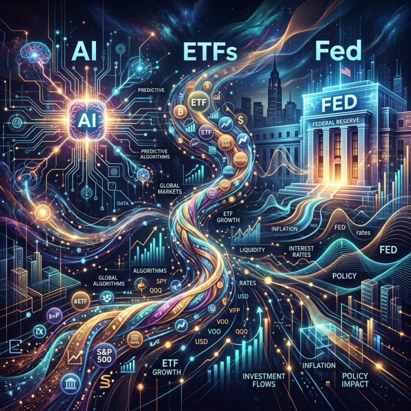 Visualization of AI algorithms influencing ETFs and Federal Reserve policies affecting financial markets