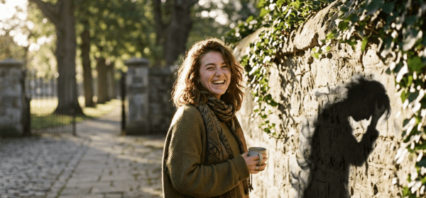 Woman standing outside near ivy-covered stone wall holding coffee cup and backpack, smiling