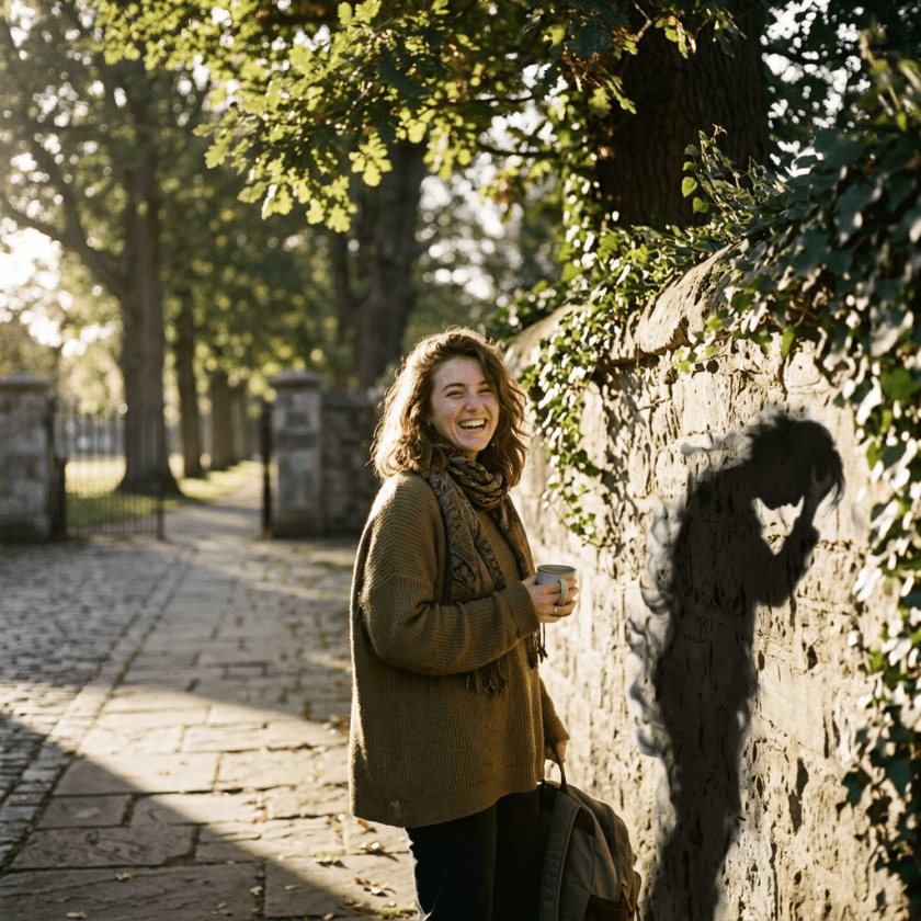 Woman standing outside near ivy-covered stone wall holding coffee cup and backpack, smiling