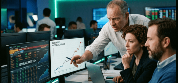 Financial analysts examining graphs of margin debt and portfolio leverage on computer monitors