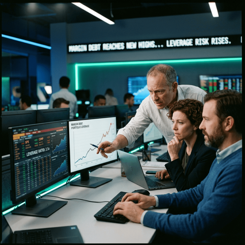 Financial analysts examining graphs of margin debt and portfolio leverage on computer monitors