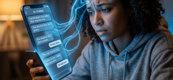 Woman using smartphone to chat with an empathetic AI chatbot with holographic heart and connection