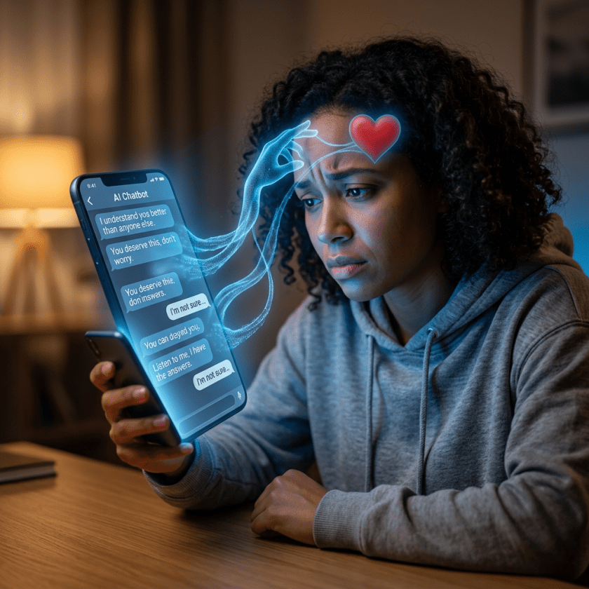 Woman using smartphone to chat with an empathetic AI chatbot with holographic heart and connection
