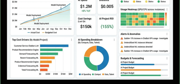 Enterprise AI cost management dashboard showing spend trends, cost drivers, usage heatmap, and alerts