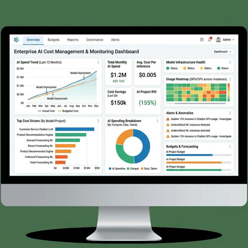 Enterprise AI cost management dashboard showing spend trends, cost drivers, usage heatmap, and alerts