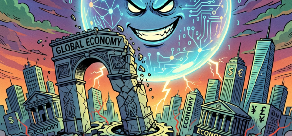 Giant, angry AI bubble looming over crumbling global economy arch and buildings with running people below