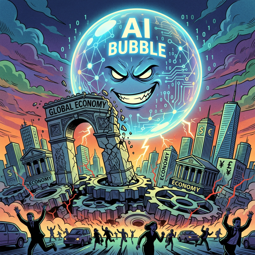 Giant, angry AI bubble looming over crumbling global economy arch and buildings with running people below