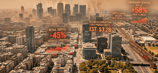 Cityscape with heatwave data showing 46°C temperature, energy demand +32%, retail traffic -45%, emergency calls +58%, $3.2B business loss, and agricultural yield loss