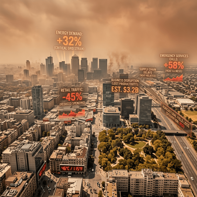 Cityscape with heatwave data showing 46°C temperature, energy demand +32%, retail traffic -45%, emergency calls +58%, $3.2B business loss, and agricultural yield loss