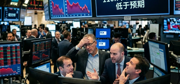 Traders in a stock exchange reacting to headline about weak US job growth in May