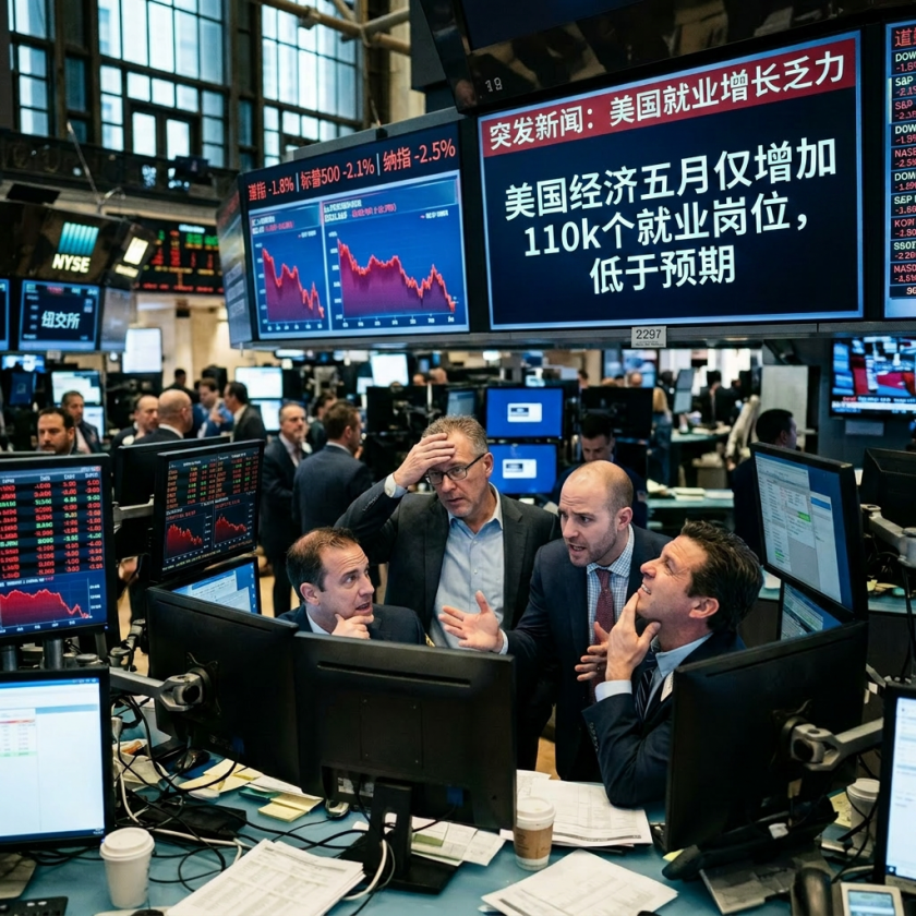 Traders in a stock exchange reacting to headline about weak US job growth in May