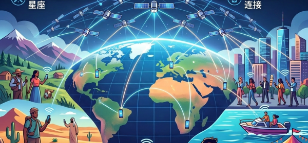 Illustration of global satellite mobile service connecting rural, urban, and remote areas with smartphones via LEO satellites