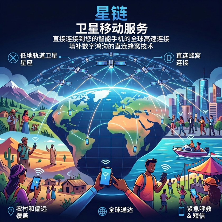 Illustration of global satellite mobile service connecting rural, urban, and remote areas with smartphones via LEO satellites