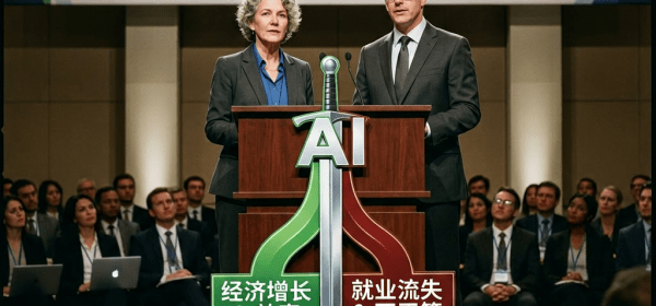 Two speakers at podium discussing AI's effects on economic growth and job displacement