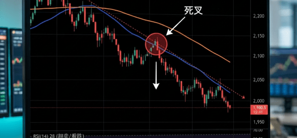 Gold to US dollar daily price chart highlighting the death cross between 50-day blue and 200-day orange moving averages