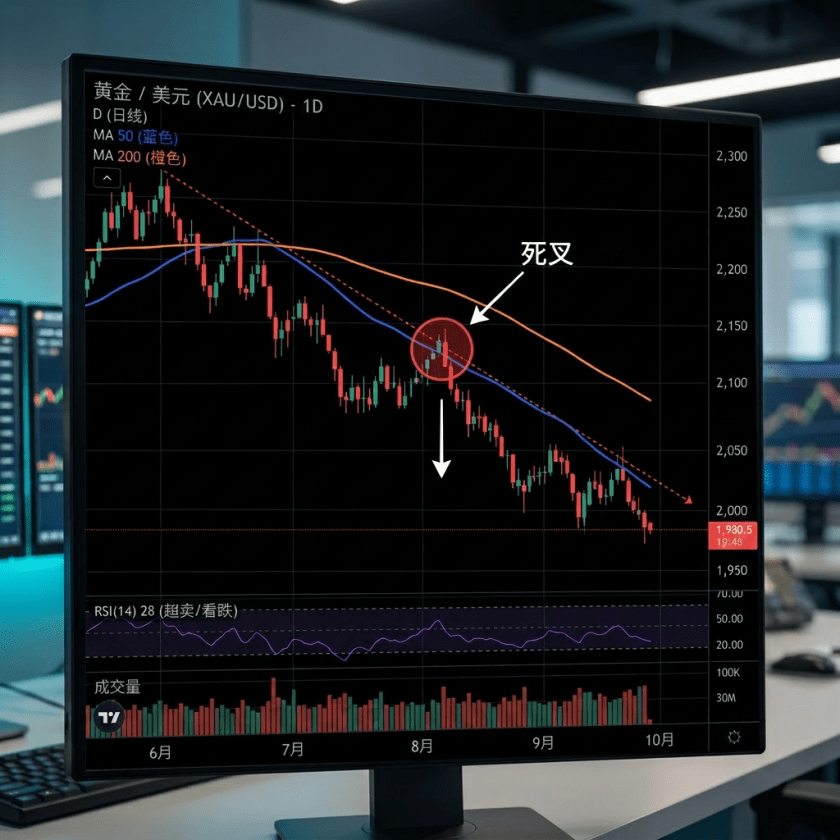Gold to US dollar daily price chart highlighting the death cross between 50-day blue and 200-day orange moving averages