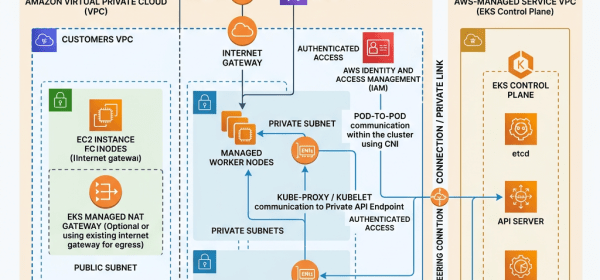 AWS EKS private control plane routing architecture with VPC, subnets, worker nodes, VPN, and IAM access