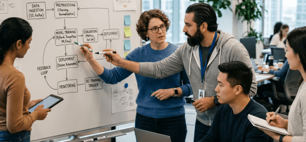 Team discussing an automated training pipeline diagram on a whiteboard in an office