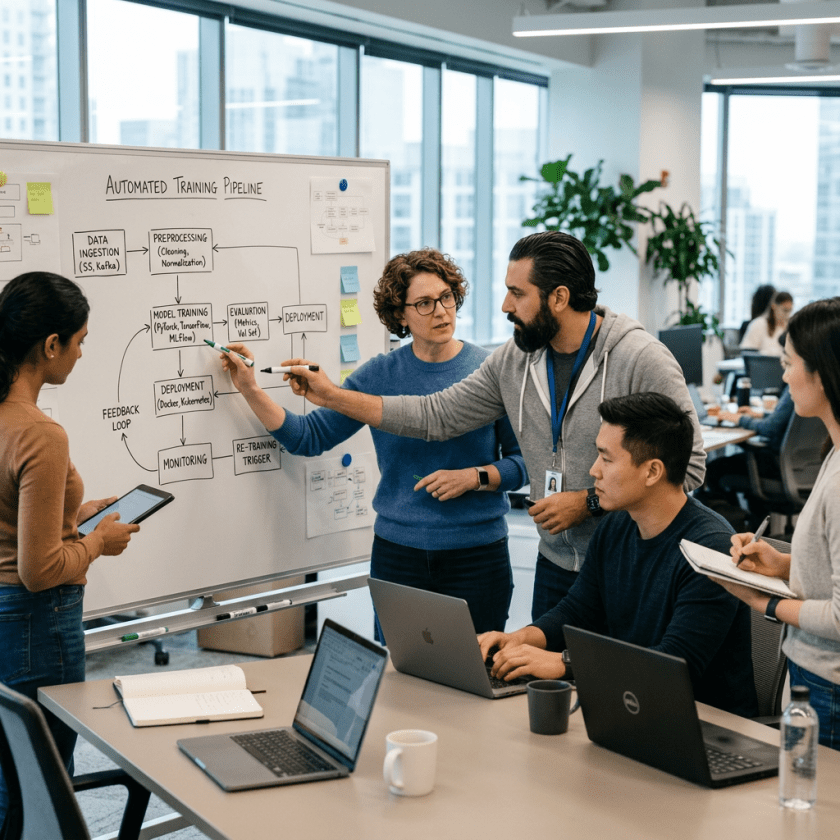 Team discussing an automated training pipeline diagram on a whiteboard in an office