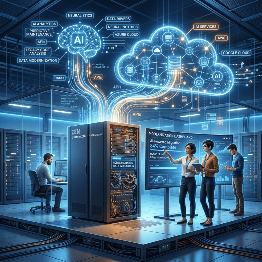 IT experts analyzing AI-powered hybrid cloud migration dashboard in modern data center