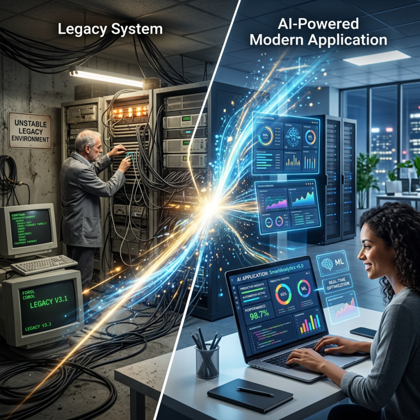 Side-by-side view showing an older legacy system with tangled cables and a modern AI-powered application with digital analytics and a woman working on a laptop