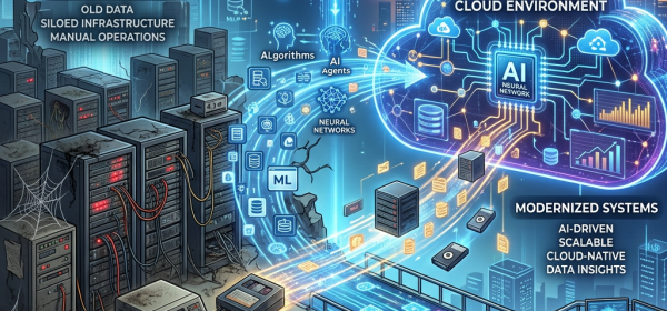 Transition from legacy IT systems with old data to AI-driven modern cloud environment with Azure, AWS, and GCP