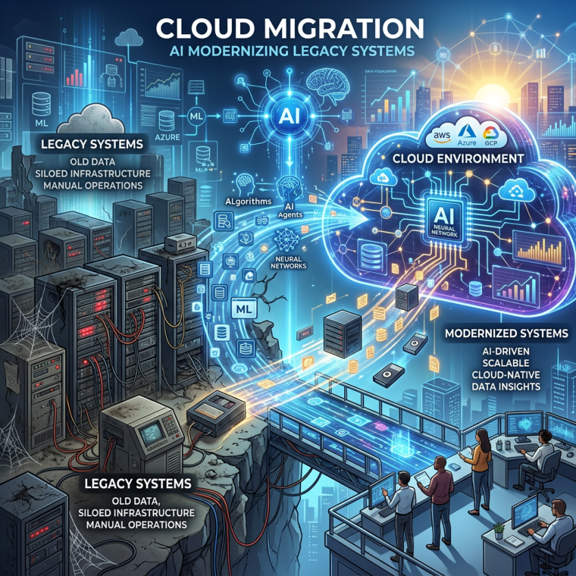 Transition from legacy IT systems with old data to AI-driven modern cloud environment with Azure, AWS, and GCP