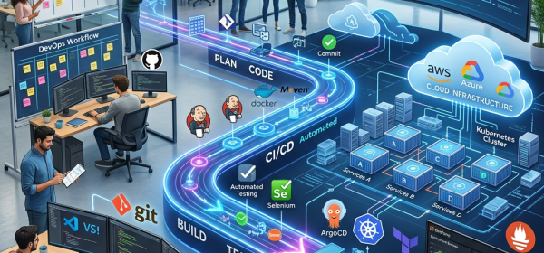 Team working on DevOps workflow with CI/CD pipeline and cloud infrastructure