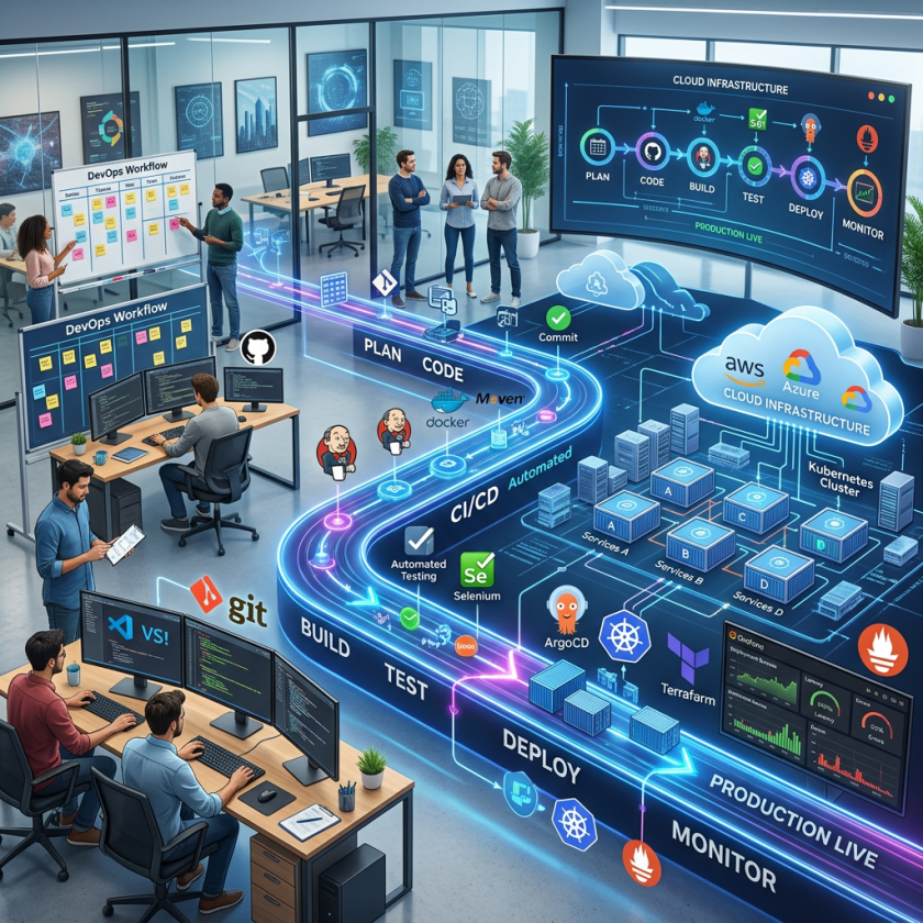 Team working on DevOps workflow with CI/CD pipeline and cloud infrastructure