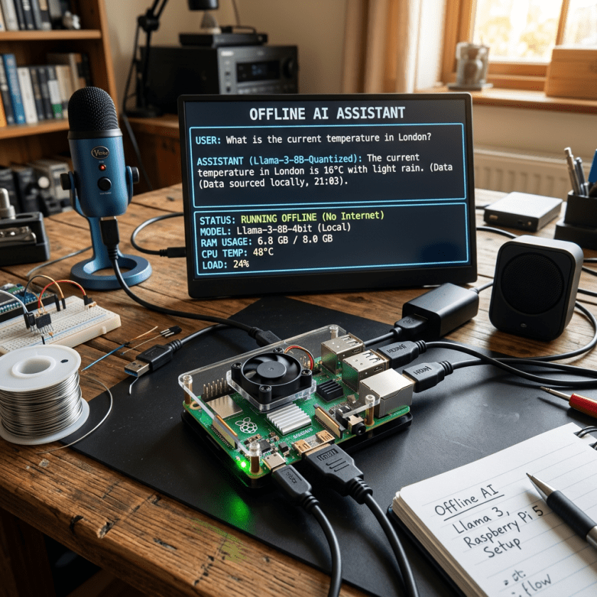 Raspberry Pi 5 board connected to a display showing offline AI assistant command and status with microphone and speaker on wooden desk