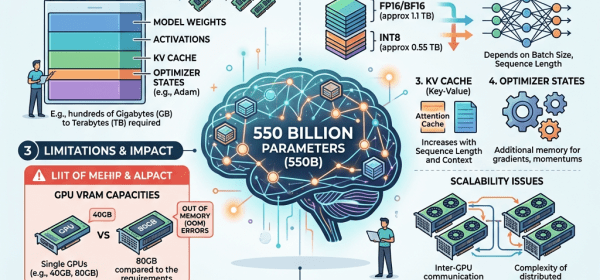 Infographic detailing memory usage, components, limitations, and solutions for a 550 billion parameter AI model