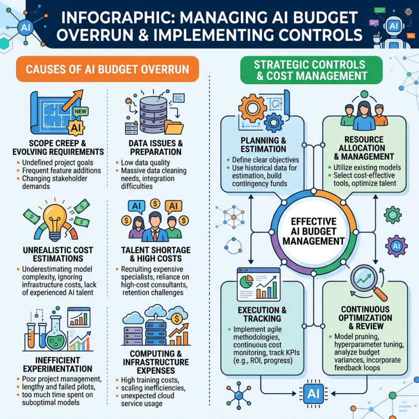 Infographic showing causes of AI budget overruns and strategic controls for cost management