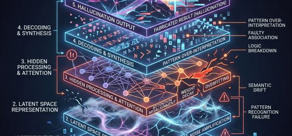 Neural network pipeline showing layered AI hallucination outputs and related failures