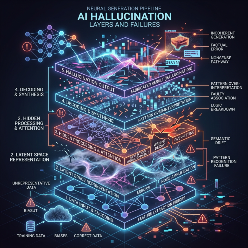 Neural network pipeline showing layered AI hallucination outputs and related failures
