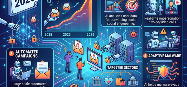 Infographic showing rise in AI-generated phishing in December 2025 with key trends and protection measures.