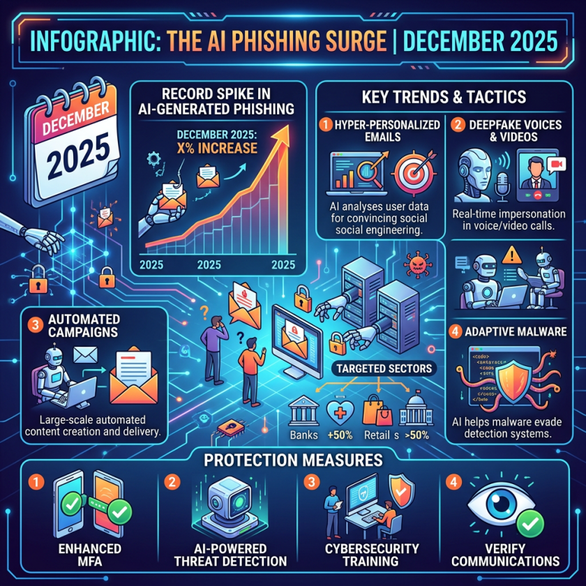 Infographic showing rise in AI-generated phishing in December 2025 with key trends and protection measures.