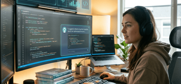 Person using computer with holographic code review interface and coding environment