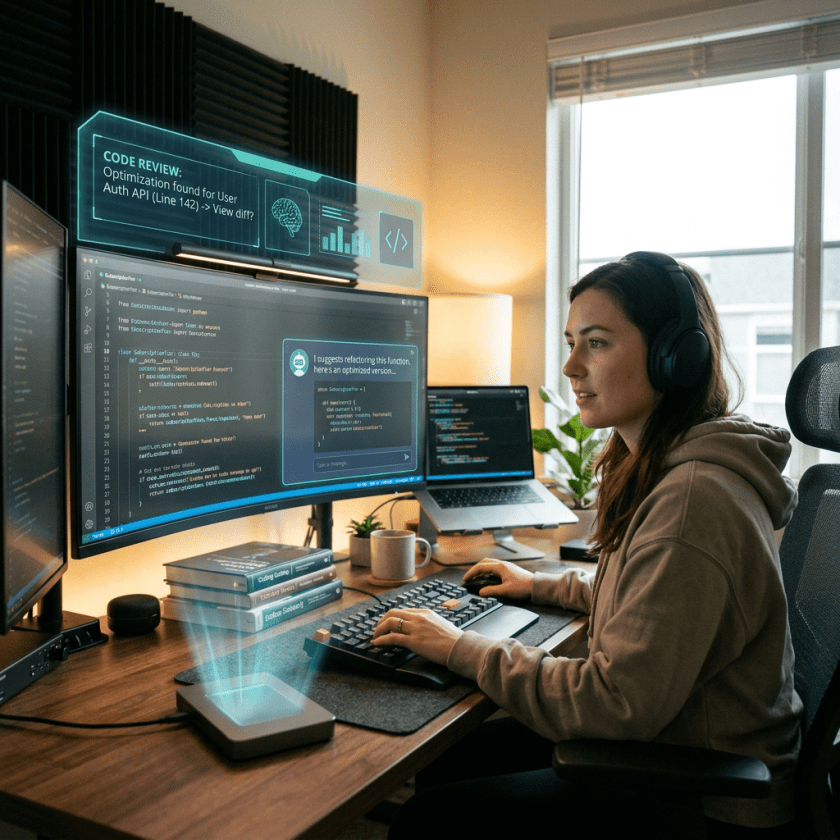 Person using computer with holographic code review interface and coding environment