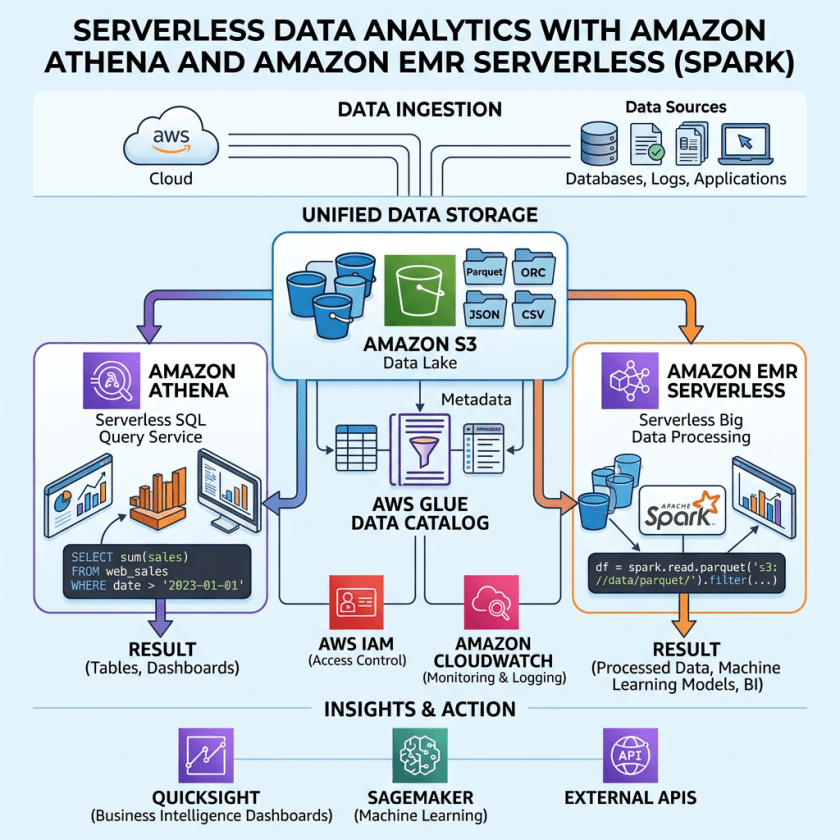 Serverless data analytics architecture with Amazon Athena, EMR Serverless, S3, AWS Glue, IAM, and CloudWatch