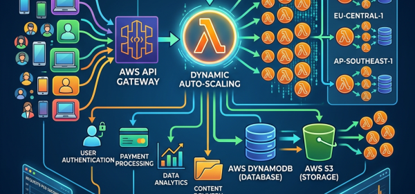 Diagram showing serverless SaaS scaling with AWS Lambda, API Gateway, DynamoDB, S3, and multi-region scaling.