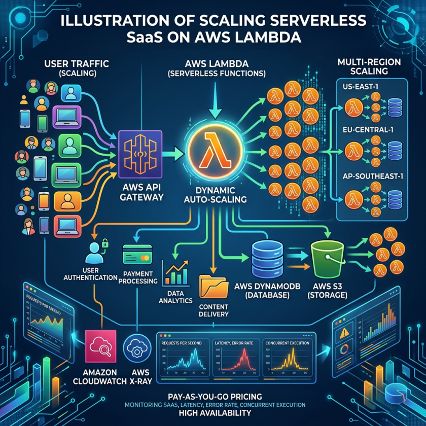Diagram showing serverless SaaS scaling with AWS Lambda, API Gateway, DynamoDB, S3, and multi-region scaling.