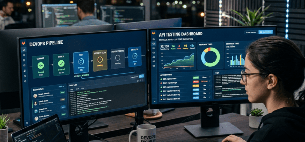 Developer using multiple screens displaying DevOps pipeline and API testing dashboard with charts and build logs