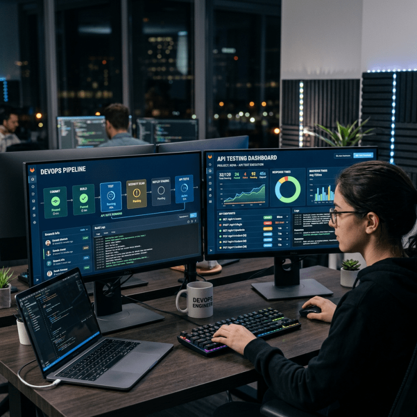 Developer using multiple screens displaying DevOps pipeline and API testing dashboard with charts and build logs