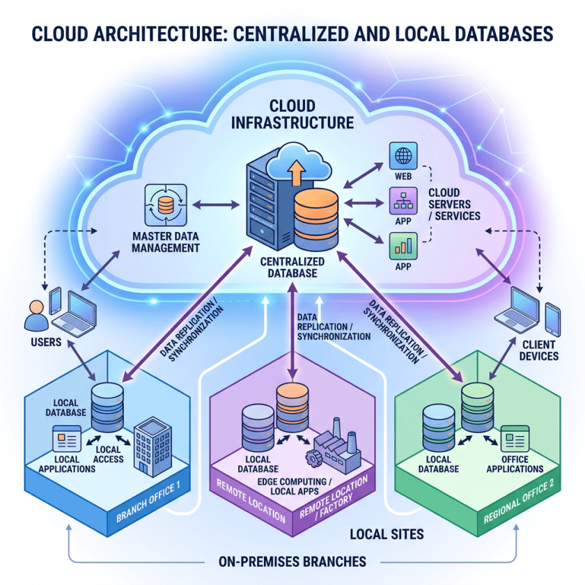 Diagram showing cloud infrastructure with centralized database syncing data with local databases at branch office, remote location factory, and regional office
