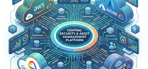 Diagram showing a central security and asset management platform connecting AWS, Azure, Google Cloud, and Private Cloud with assets flow and security features