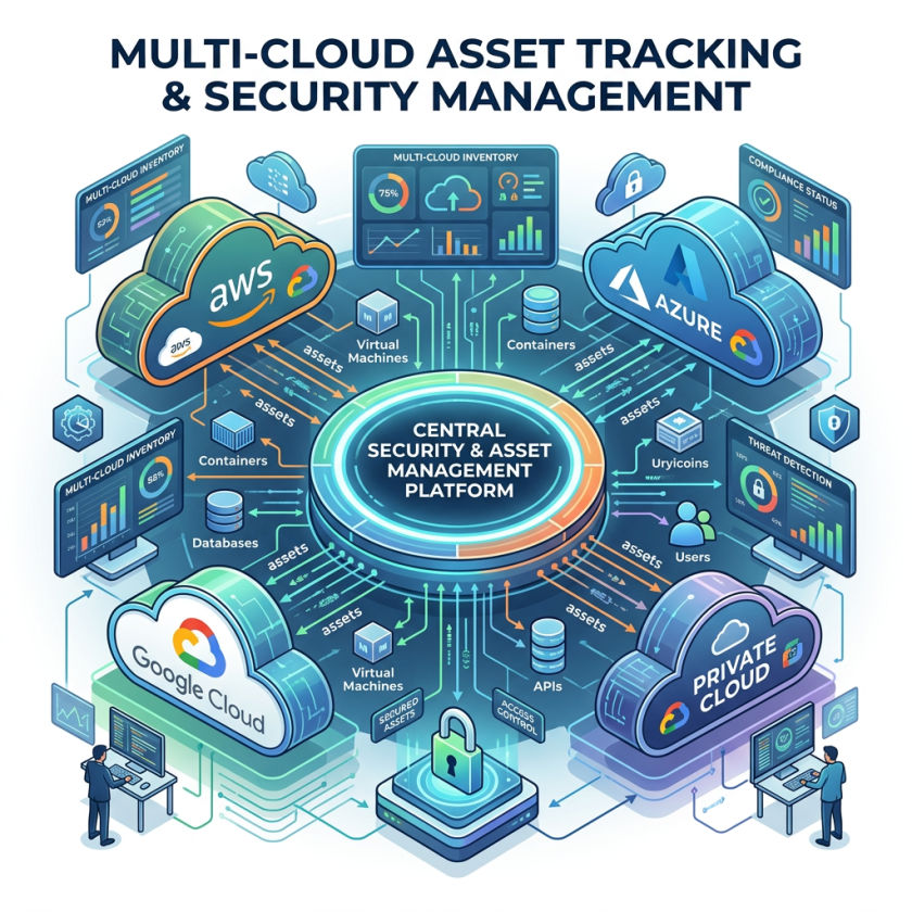 Diagram showing a central security and asset management platform connecting AWS, Azure, Google Cloud, and Private Cloud with assets flow and security features