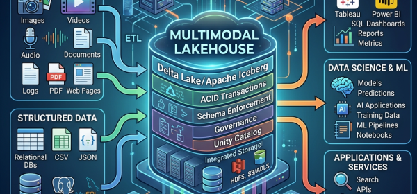 Diagram showing multimodal lakehouse architecture integrating structured and unstructured data with compute engines and data consumers
