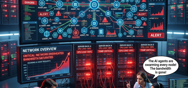 Team monitoring network with alerts about AI agent flood and critical server loads