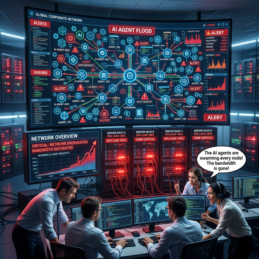Team monitoring network with alerts about AI agent flood and critical server loads